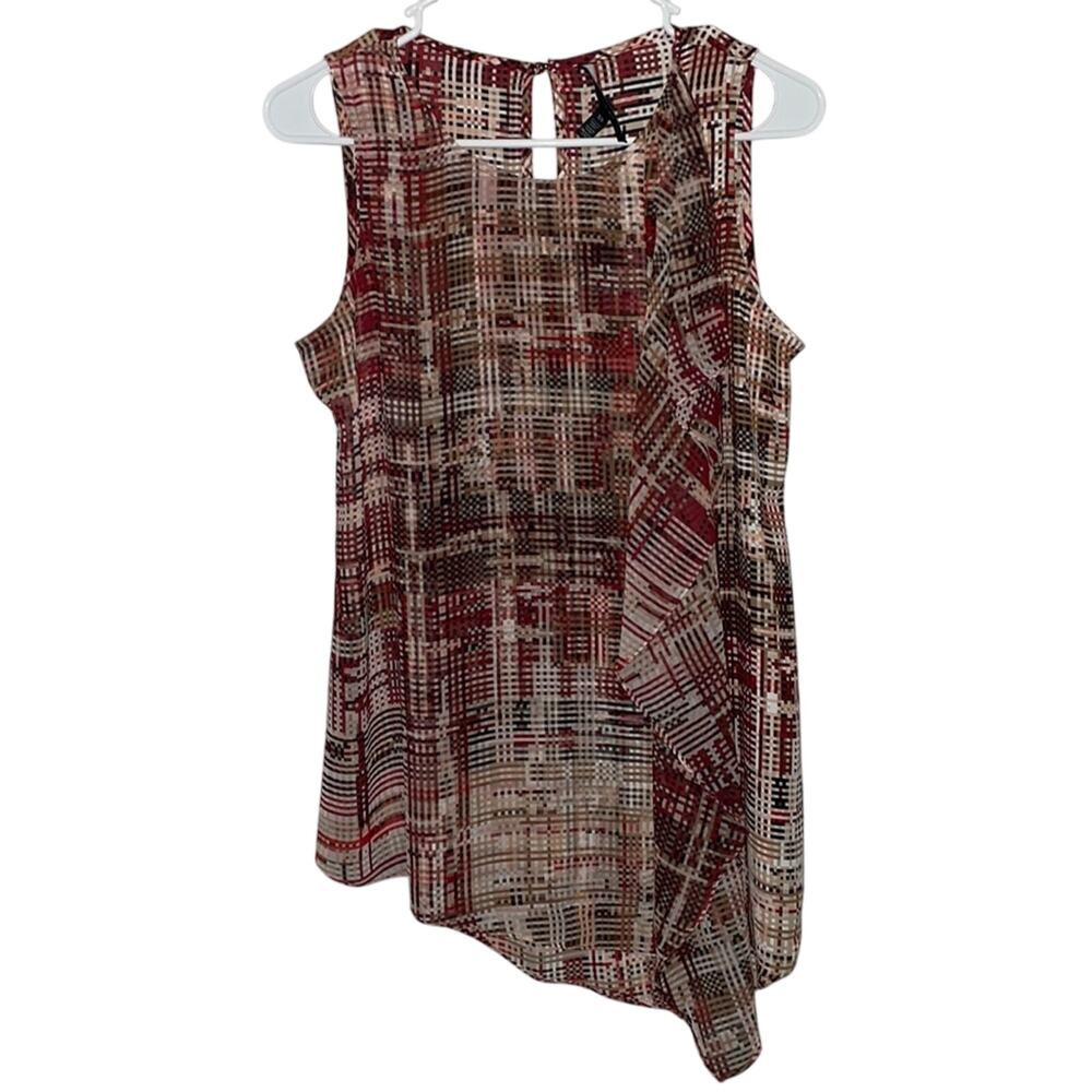 White House Black Market Geometric Blouse XS Asymmetrical Sleeveless Ruffle